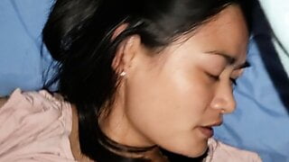 Asian Wife Fingering Her Hairy Pussy and Blowjob with Cumshot
