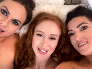 Busty curly brunette with big boobs fucks on couch