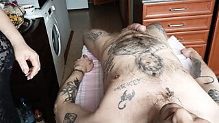massages the penis with oil and the cock shoots sperm