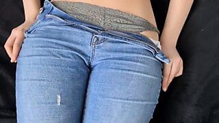 Watch me remove tight jeans and expose silky smooth shaved pussy after a day out